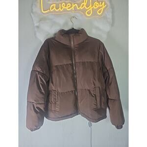 FOREVER 21 Brown Quilted Hooded Puffer Jacket Coat Womens Medium Short Length